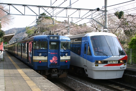 伊豆多賀駅で交換する伊豆急行の電車